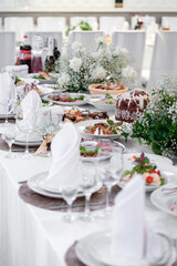 Top view of buffet table with assortment of healthy hearty food, banquet and appetizer, restaurant menu concept.