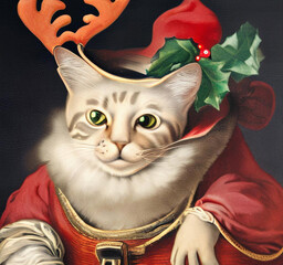 Fototapeta Chieftain Santa. Cat baroque art. Christmas series. Oil digital art painting. Anthropomorphic drawings obraz