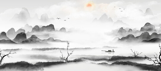 Hand-painted Chinese landscape painting background illustration - obrazy, fototapety, plakaty