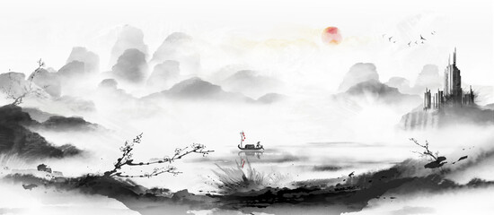 Hand-painted Chinese landscape painting background illustration