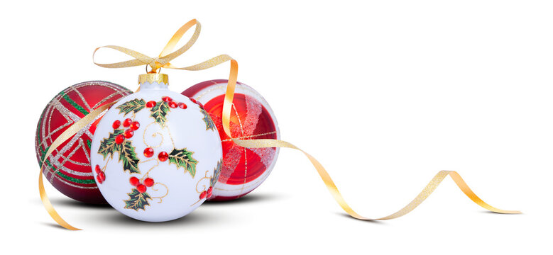 Tree Christmas decoration baubles with gold ribbon bow on transparent background. Xmas glass balls on white. Holiday decoration template. Shiny Christmas Bulbs with gold spiral ribbon. PNG