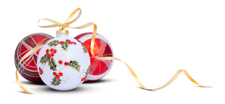 Tree Christmas decoration baubles with gold ribbon bow on transparent background. Xmas glass balls on white. Holiday decoration template. Shiny Christmas Bulbs with gold spiral ribbon. PNG