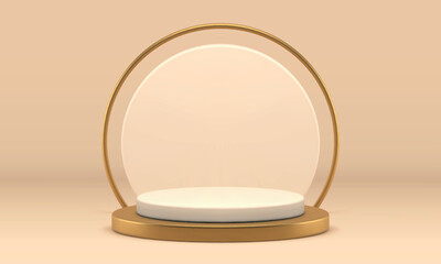 3d cylinder podium beige platform foundation wall golden frame for product performance vector