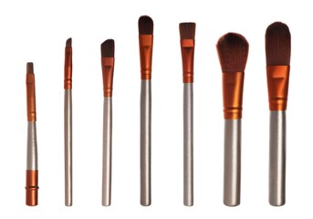 Set with different makeup brushes for applying cosmetic products on white background