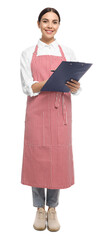 Young woman in red striped apron with clipboard on white background