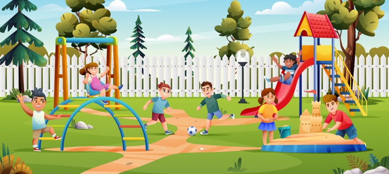 Kids playing together on playground with slide, swing, ball and sandbox cartoon illustration