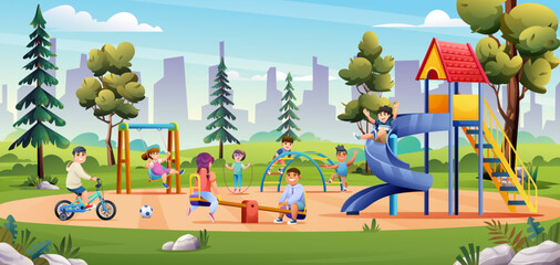 Kids playing on playground with slide, swing, bicycle and seesaw cartoon illustration
