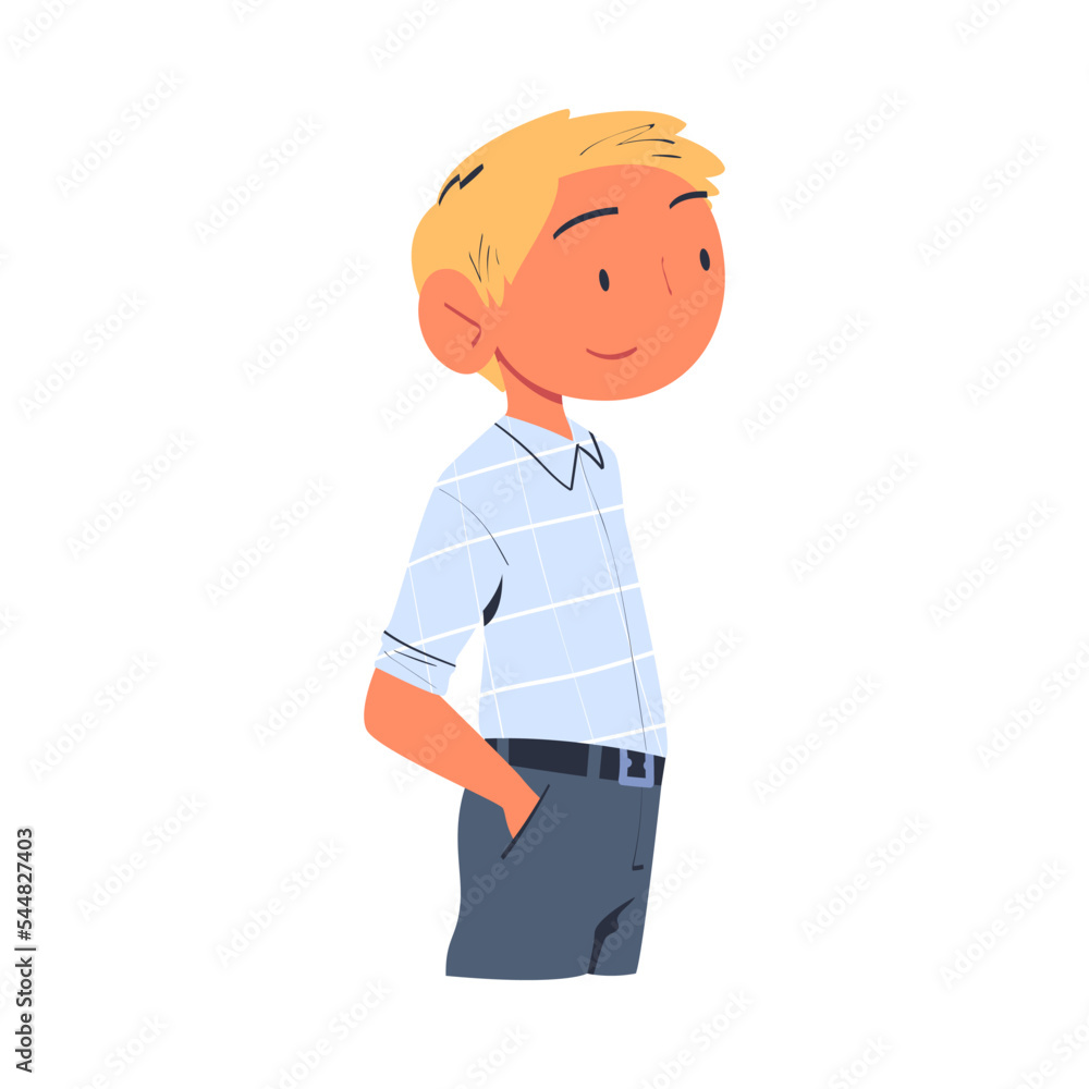 Poster happy man character looking into the distance with curious face vector illustration