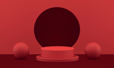 Red 3d pedestal geometric exhibition stage basic foundation promo display circle hole wall vector