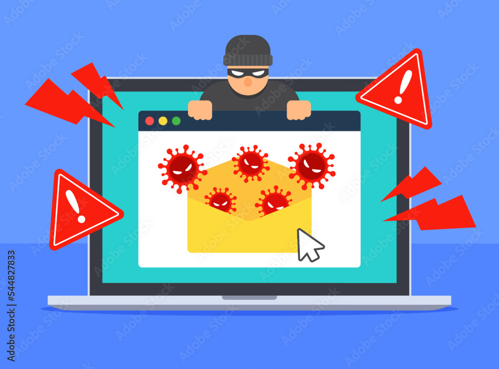 Poster computer viruses spread out from infected email. system security warning on laptop. internet threat 