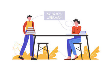 Pupil holds stack of textbooks in school library. Students do their homework and read books at desk, people scene isolated. Education, information concept. Illustration in flat minimal design