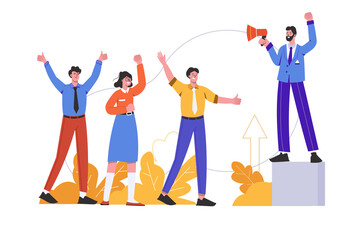 Motivational speaker with megaphone speaks inspiring speech to people. Leader at meeting, scene isolated. Motivation and achievement of career goals concept. Illustration in flat minimal design