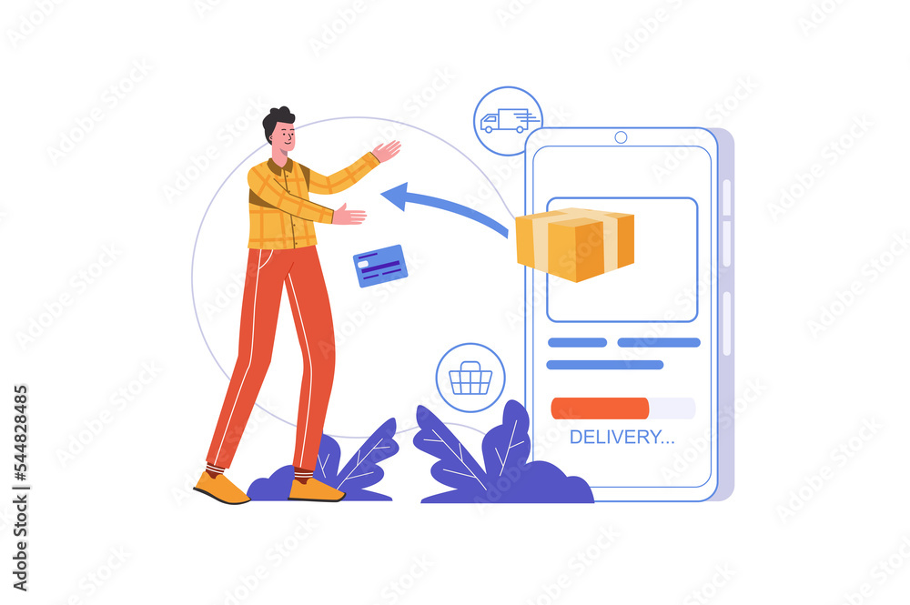 Poster internet delivery service concept. man makes purchase and receives order using mobile application, p