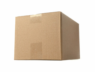 One closed cardboard box on white background