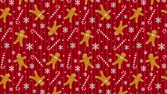 4K Animated Merry Christmas and New Year Pattern Background Design  Gingerbread Cookies, Candy Canes and Snow Flakes Texture on Red Striped Backdrop Motion Celebration Card or Banner Design Backdrop. 