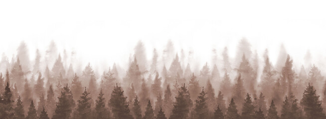 Watercolor Painting Mist Brown Trees Landscape Background. Watercolour illustration on white Background.