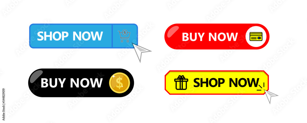 Poster buy now button with shopping cart. shop now. modern collection for web site. online shopping. click 