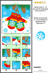 Fototapeta premium Christmas, winter or New Year visual logic puzzle with mittens: What of the 2 - 10 are not the fragments of the picture 1? Answer included. 