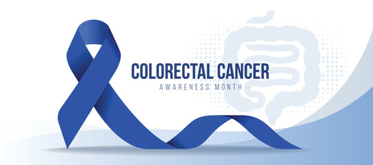 Colorectal cancer awareness month - dark blue ribbon awareness sign on intestine and colon symbol and curve texture background vector design - 544829444