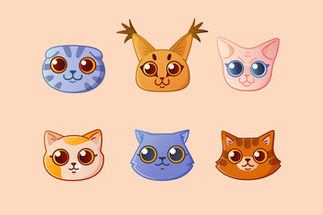Cute cartoon cat faces. Different breeds of cats.