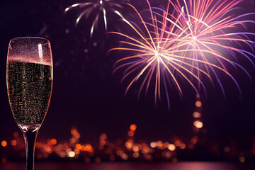 sparkling champagne in glasses and festive lights New Year