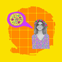 Contemporary minimal collage art. Retro stylish design. Pizza delivery, pizza lover  concept