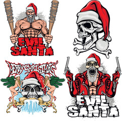set Xmas sign with skull in hat of Santa Claus, grunge vintage design t shirts