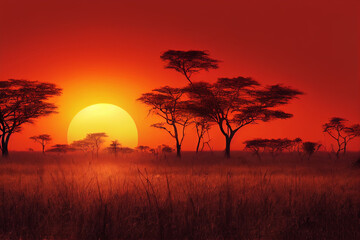 erstaunlicher roter sonnenuntergang in der savanne