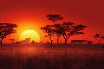Fotobehang Donkerrood geweldige rode zonsondergang in de savanne