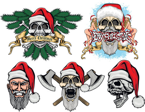 set Xmas sign with skull in hat of Santa Claus, grunge vintage design t shirts