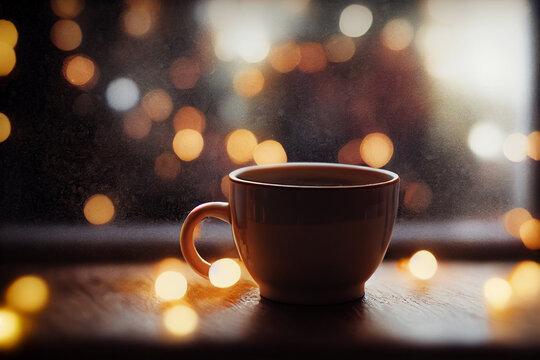 hot drink in window and Christmas lights - Powered by Adobe