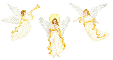 Christmas angels set watercolor illustration, Christian Nativity angel with wings isolated on a white background, design for religious baptism invitation, greeting card - obrazy, fototapety, plakaty