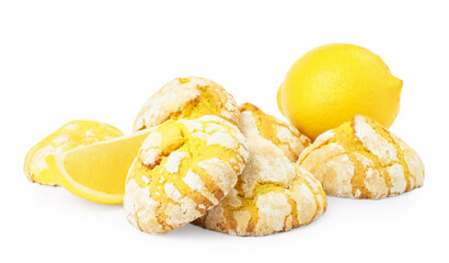 Tasty homemade lemon cookies and fresh fruits on white background