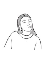 Illustration drôle d’un portait d’une jeune fille aux cheveux long qui fait la grimace. Dessin simple trait noir sur fond blanc. Image lier à la femme et au cosmétique, amusant et fun