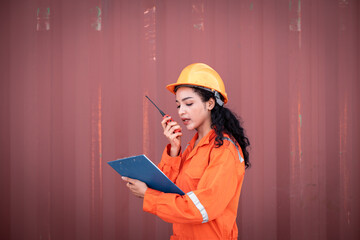 Portrait Engineer worker under working inspection and checking with radio communication ,file...