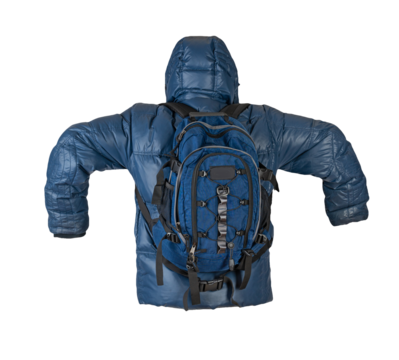 black backpack dressed in a red jacket isolated on a white background.