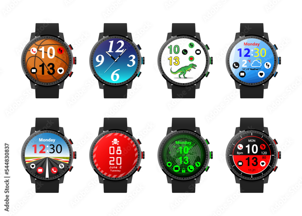 Poster smartwatch realistic set with multiple smart watch clock faces
