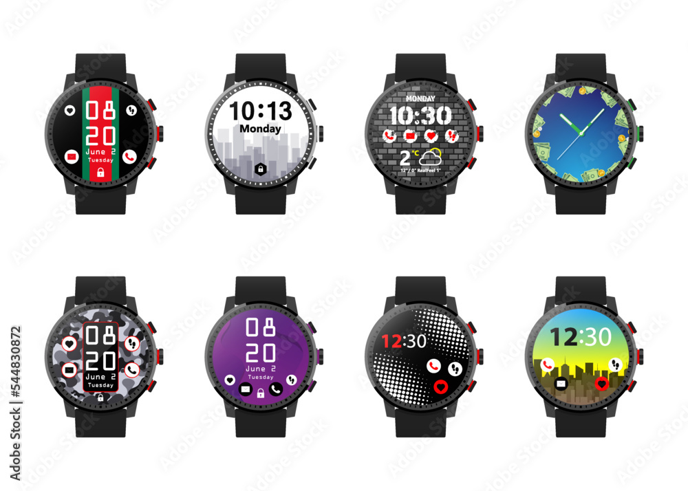 Poster smartwatch realistic set with multiple smart watch clock faces