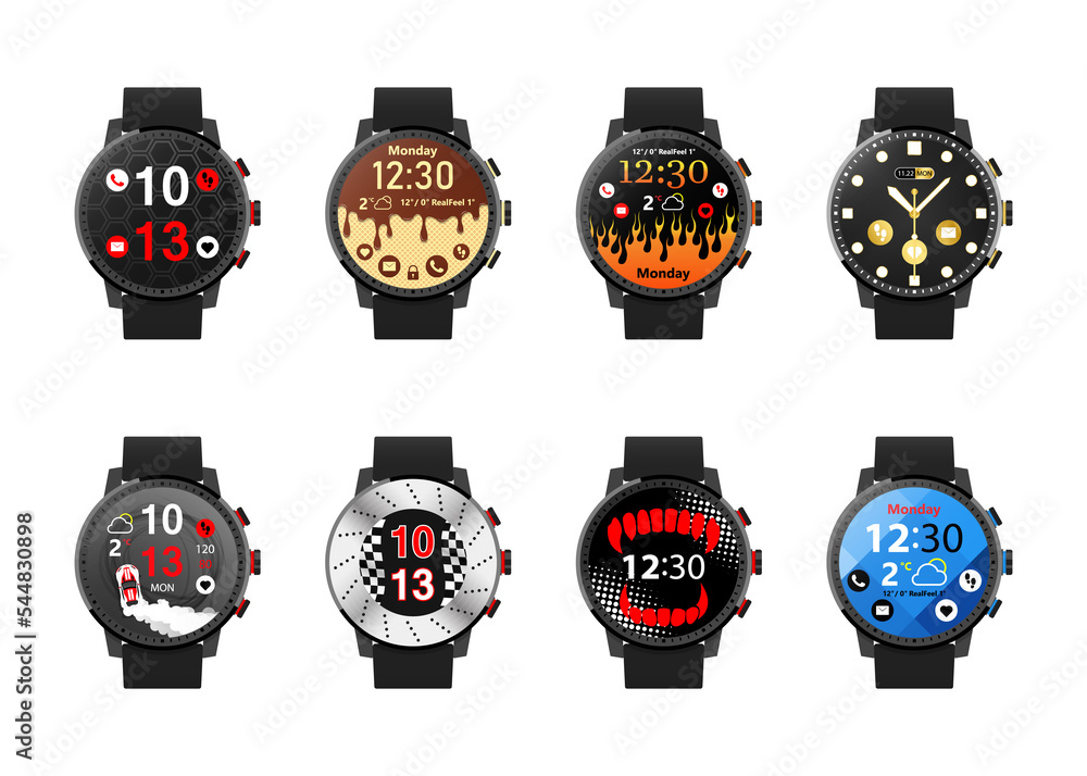 Poster smartwatch realistic set with multiple smart watch clock faces