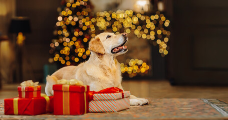Merry Christmas and Happy New Year. The Labrador dog is sitting among the gifts.