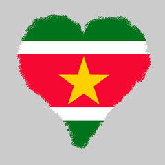Suriname colorful flag in heart shape with brush stroke style isolated on grey background