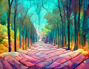 Fairy tale color fantasy forest path. Magic background digital illustration