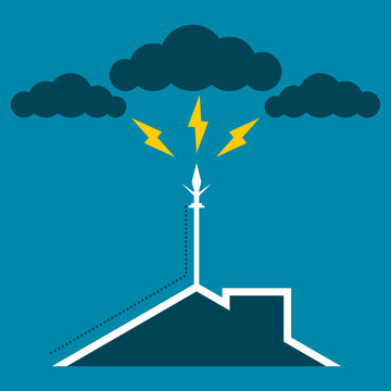 Lightning rod on top roof of building house with thunder cloud rainstorm on blue background flat vector black icon design.