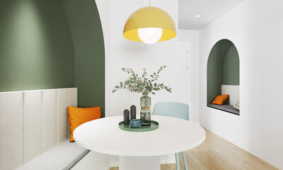 Contemporary dining area with arc-shaped seating and ceiling lamps. 3D illustration