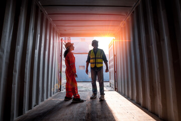 Engineers wearing safe uniform with working in the construction container dock yard checking and...
