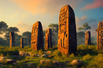 Megalithic stone pillars lost in the jungle during sunrise. Realistic digital illustration. Fantastic Background. Concept Art. Video Game Scene. CG Artwork.