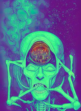 A psychedelic glitchcore portrait of omin dran skeletal mind flayer 