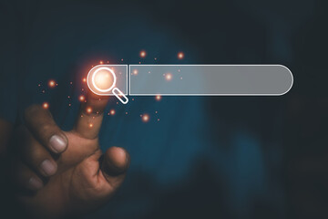 Hand man using moblie phone for Searching browsing data on the Internet online.network,media, keyword,Digital Web,Photo concept Searching information of and Technology.