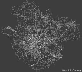 Detailed negative navigation white lines urban street roads map of the German regional capital city of GÜTERSLOH, GERMANY on dark gray background