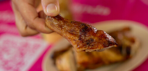 Papaya Salad with Grilled chicken Thai Food Style Concept. Top View